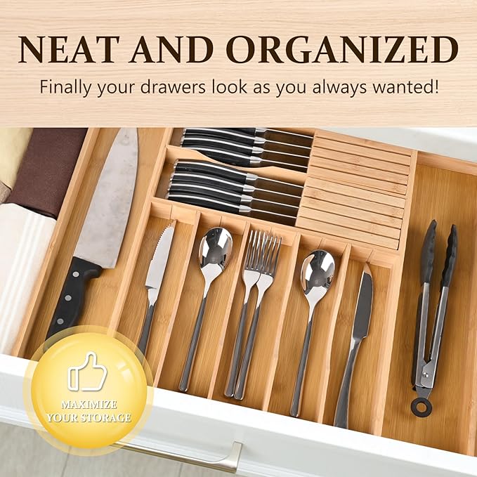Silverware Organizer Expandable Bamboo Drawer Organizer with Non-Slip Stainless Steel Locking Clips, Kitchen Utensil Holder with Knife Block, Adjustable Cutlery Tray with Curved Grooves Dividers