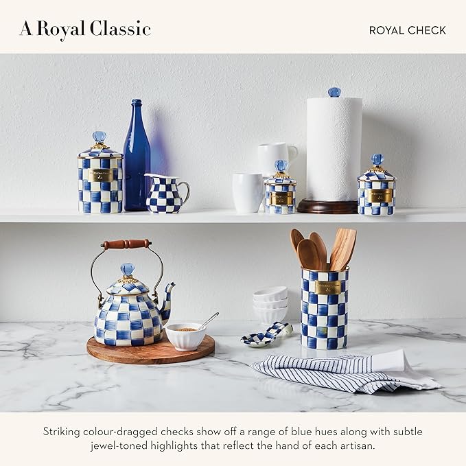 MACKENZIE-CHILDS Large Enamel Canister, Kitchen Storage Container for Flour and Sugar, 1.89 Liters, Blue-and-White Royal Check