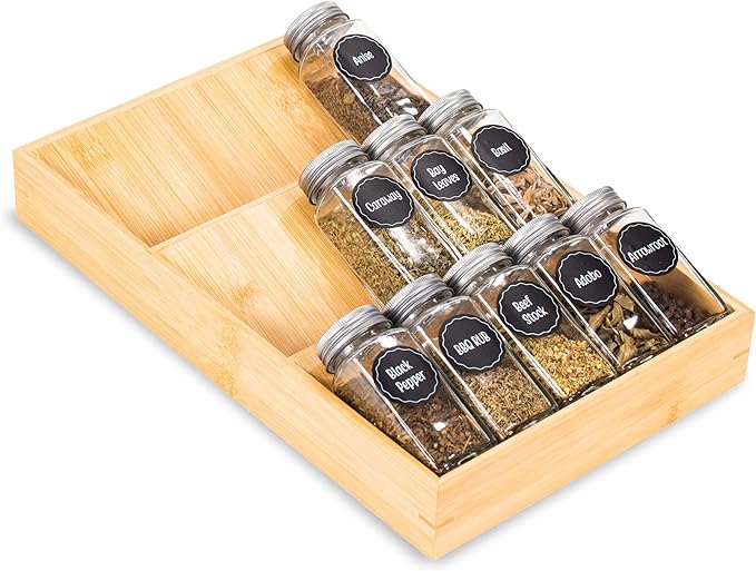 Bamboo Spice Rack Organizer for Drawer 3 Tier Bamboo Spice Tray Cabinet for Kitchen Storage and Organizer (Pre-Measure Your Drawer)(1 Pack, Drawer)