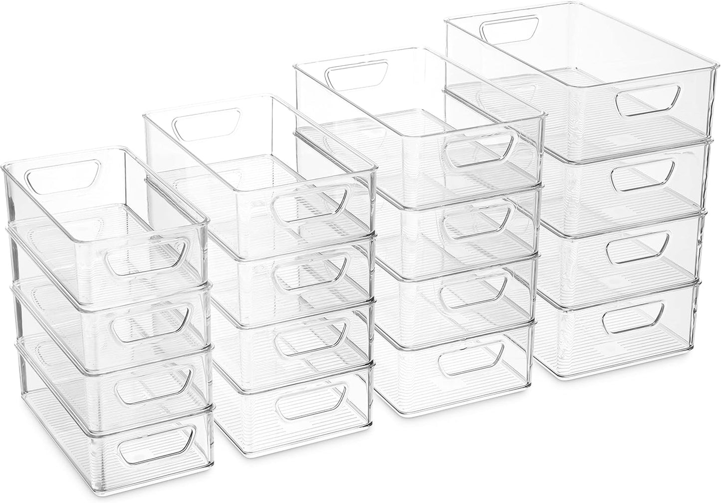 Munfix Set Of 16 Refrigerator Organizer Bins - Plastic Pantry Organization and Storage Baskets - Stackable Food Fridge Organizers with Cutout Handles for Freezer, Kitchen, Countertops, Cabinets