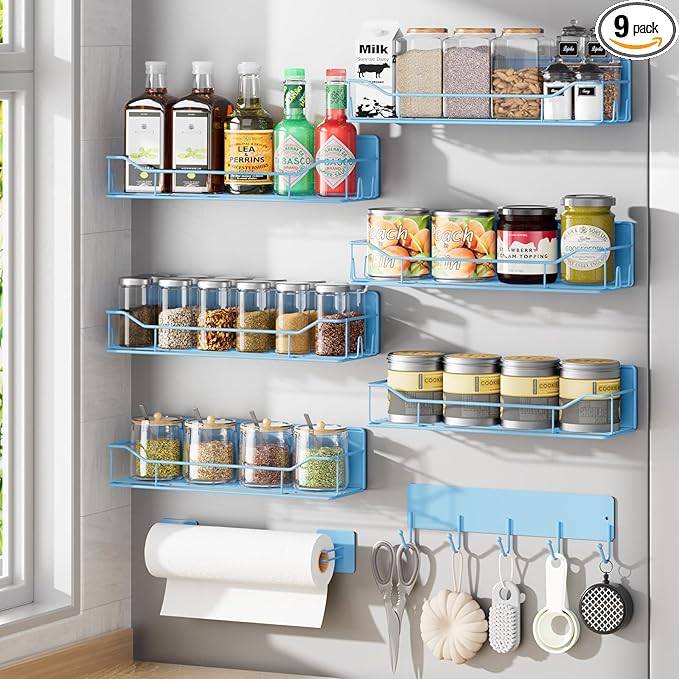 Magnetic Spice Rack for Refrigerator, 9 Pack Magnetic Fridge Shelves W/Adjustable Paper Towel Holder, Hook Rack, Moveable Spice Organizer Shelf for Kitchen Organization and Storage (Blue)