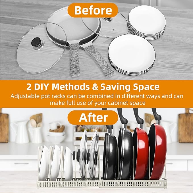 ROOHUA Pot Rack - Expandable Pot & Pan Organizer for Cabinet, 10 Adjustable Compartments (Apricot, 10)