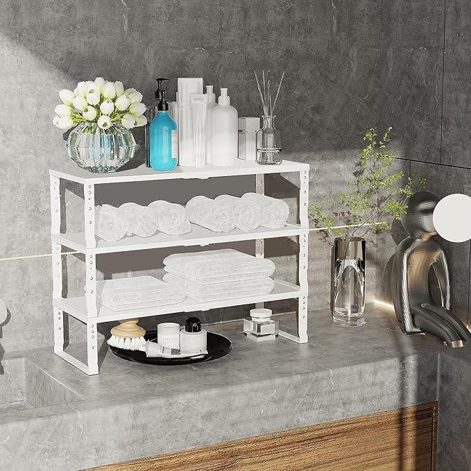 Expandable Cabinet Shelf Organizer Storage Spice Rack Shelves for Kitchen Stackable Adjustable Pantry Cupboard Bathroom Countertop Desktop(2Packs/White/Large)