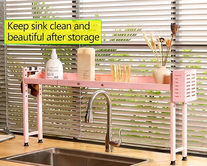 Over Stove Shelf Stove Top Organizer Shelf for Kitchen with Extra Basket and Hooks Adjustable 27 to 32 Inches Pink Over the Sink Spice Rack for Countertop (Pink)