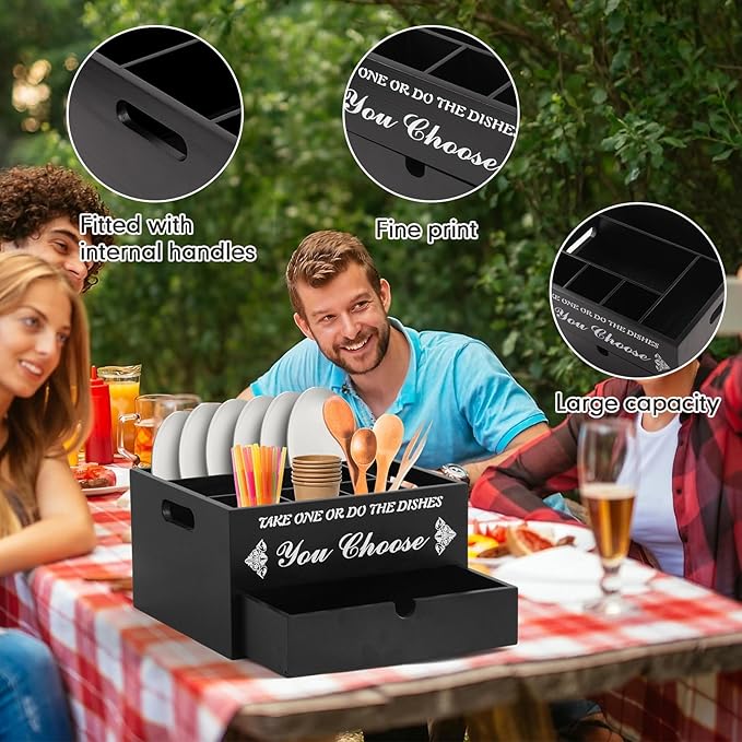 Wooden Paper Plate Dispenser with Drawer, Rustic Kitchen Utensil Caddy & Silverware Organizer for Cups, Spoons, Forks, Plates & Napkins, Kitchen Utensil Holder for Party