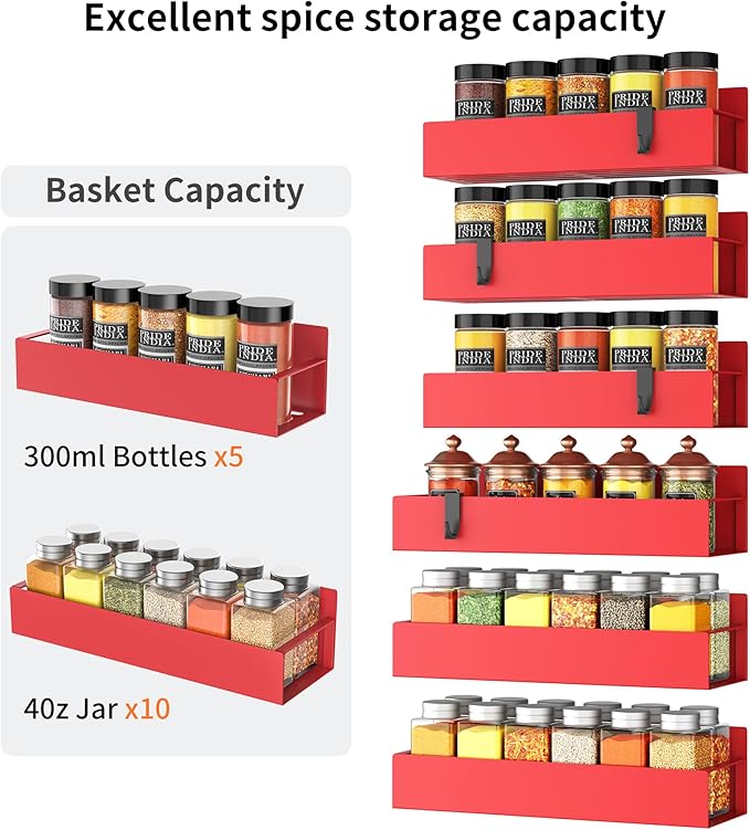6-Piece Extra-Large Capacity Magnetic Spice Rack for Refrigerator, Red