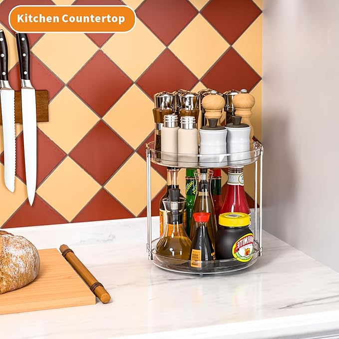 9.8" Tall 2 Tier Lazy Susan Organizer for Countertop,Cabinet and Pantry Shelf,Double Clear Spice Turntable & Rotating Spice Rack Organization and Vitamin & Medicine Cabinet Organizers Carousel