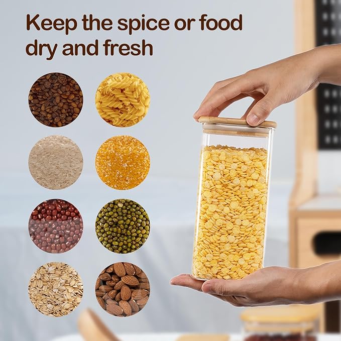 52oz Airtight Glass Square Storage Canister with Bamboo Lid Set of 3 (1550ml) Container Stackable Spice Jar, Kitchen Canister for Flour, Cookies, Cereal and Coffee beans (with Black Lable)