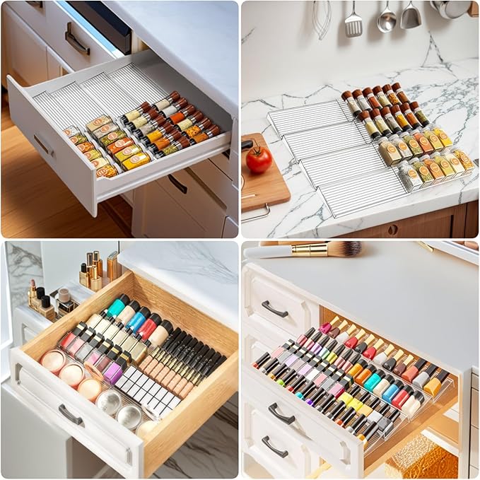 Clear Acrylic Spice Drawer Organizer, 4 Tier- 8 Pcs Spice Organization for Cabinet, Seasoning Organizer, Spice Rack for Drawer, Spice Drawer Expandable From 11'' to 22''