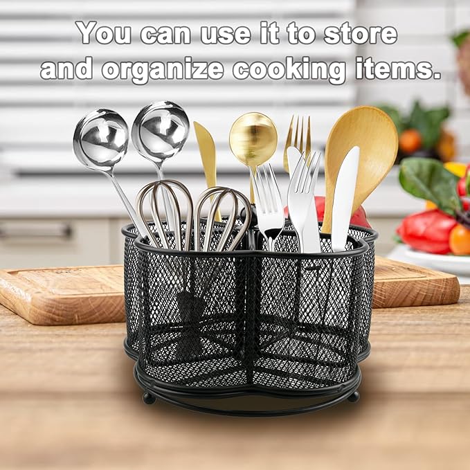 360° Rotating Silverware Utensil Caddy Holder - 5 Compartment Whirling Utensil Holder Kitchen Countertop Organizer for Spoon Fork Flatware Storage for Home or Outdoor Picnic Camping