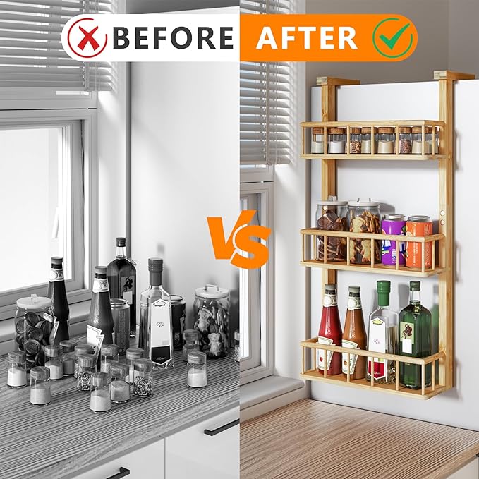 Hanging Spice Rack for Refrigerator - 3 Tier Bamboo Kitchen Counter Shelf Organizer for Can Seasoning Storage, Adhesive to Fridge & Pantry Side