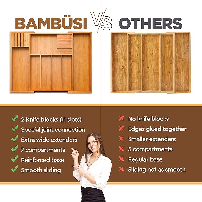Bambüsi Drawer Organizer - Expandable Kitchen for Utensils, Cutlery, and Silverware (Utensils Utensil)