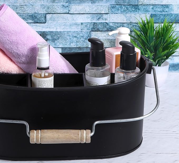 Alpha Living Home - Wooden Utensil Holder for Kitchen, Rustic Silverware Caddy with Handle – Galvanized Flatware Organizer for Forks, Spoons, Knives, Picnic, Countertop & Dining Table – Jet Black