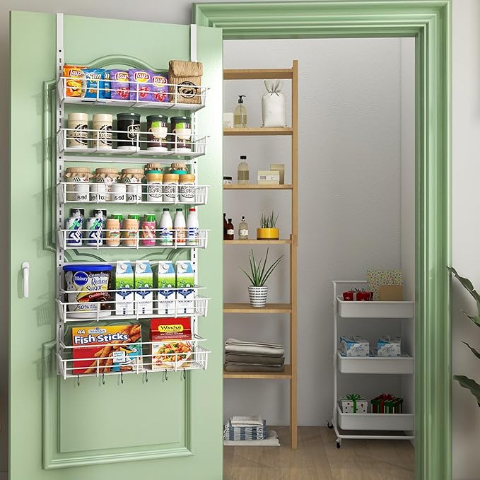 Over The Door Pantry Organizer, Wall Mount Spice Rack, Pantry Hanging Storage and Organization, 6 Adjustable Baskets Heavy-Duty Metal for Home & Kitchen, Back of Door Seasoning Rack - White