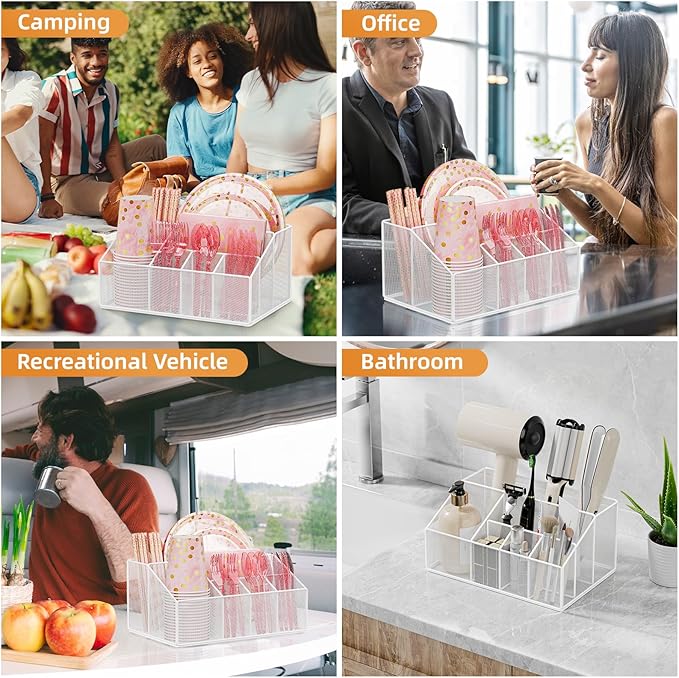 Metal Graduation Paper Plate Dispenser Holders, Disposable Paper Plate Utensils Holder for Party, Napkin Cups-Silverware Cutlery Holder Caddy for Kitchen Counter, White