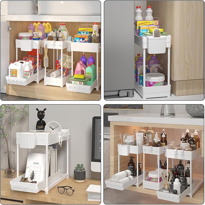 3 Pack Under Sink Organizer, 2-Tier Multi-Use Kitchen Bathroom Organizers and Storage with Sliding Drawer,Bathroom Cabinet Organizer (White)