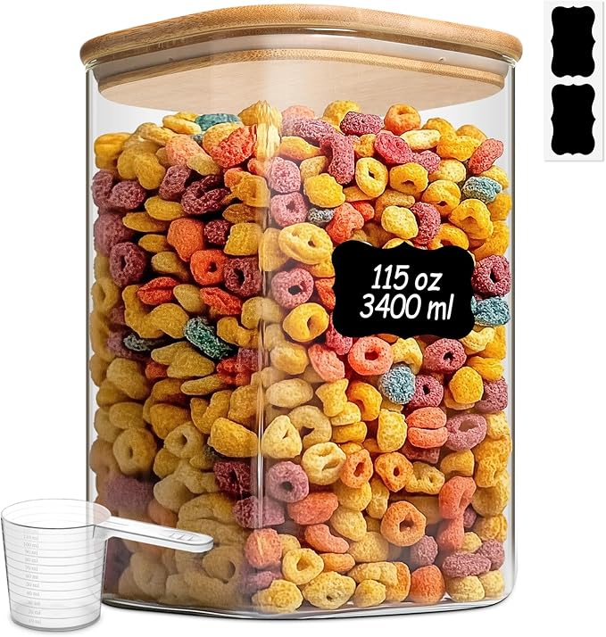 ComSaf 115 oz Glass Food Storage Containers, Cereal Storage Containers with Airtight Lids, Large Square Glass Jars with Bamboo Lids, for Rice, Pasta, Oats, Grains, Coffee Beans