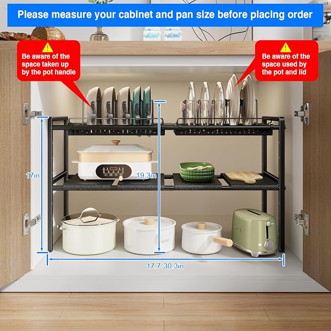 Pots and Pans Organizer Under Cabinet, Expandable 1 Tier Under Sink Organizers and Storage Adjustable Height Kitchen Pot and Pan Lid Holder Rack with 6 Dividers Under Cabinet Shelf(Black)