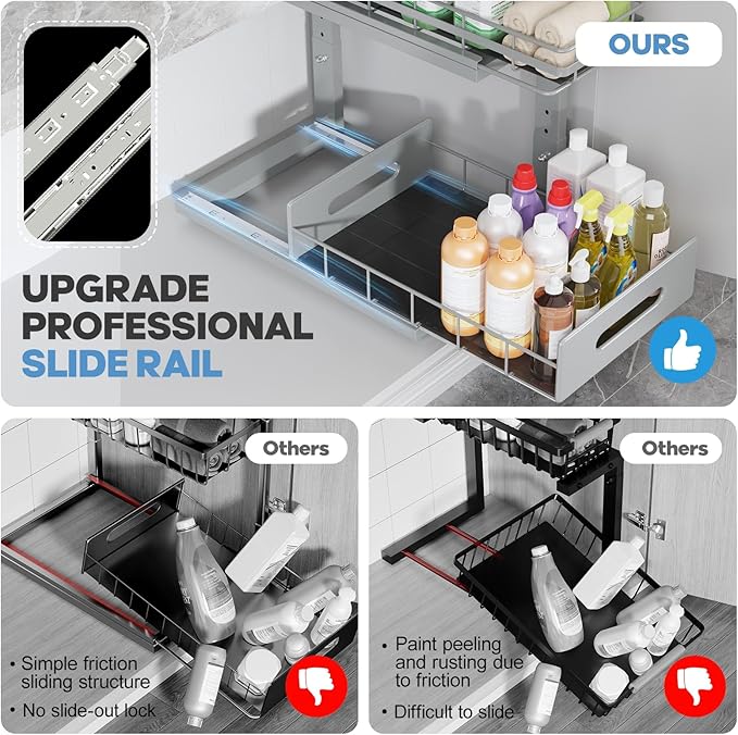 2 Pack Under Sink Organizer Upgrade to Professional Rails,2-Tier Dual Pull Out Cabinet Storage,Height Adjustable Slide Out Drawers for Bathroom Kitchen,Under Sink Shelf-Gray
