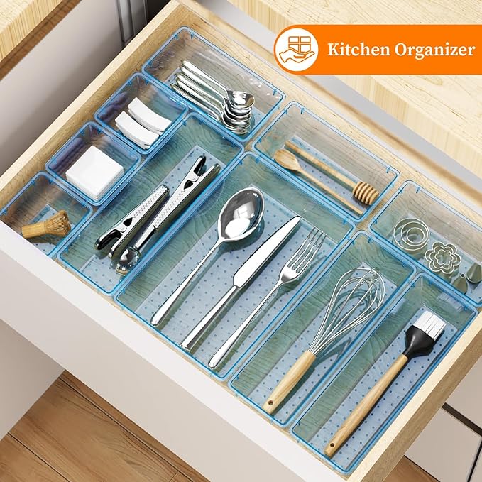 32 PCS Clear Plastic Drawer Organizer Set, 4-Size vanity organizer Trays and Storage Bins for Makeup, Jewelry and Gadgets in Bedroom, Bathroom and Office, Clear Sea Blue