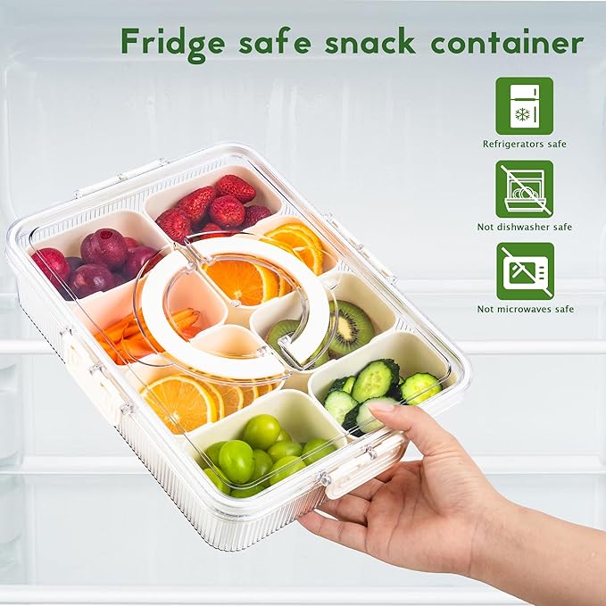 Patent Design Ribbed Snackle Box Container Snack Container Divided Serving Tray with Lid and Handle, 8 Divider Portable Snacklebox for Travel Beach for Charcuterie Veggie Fruit Candy,1 Pack