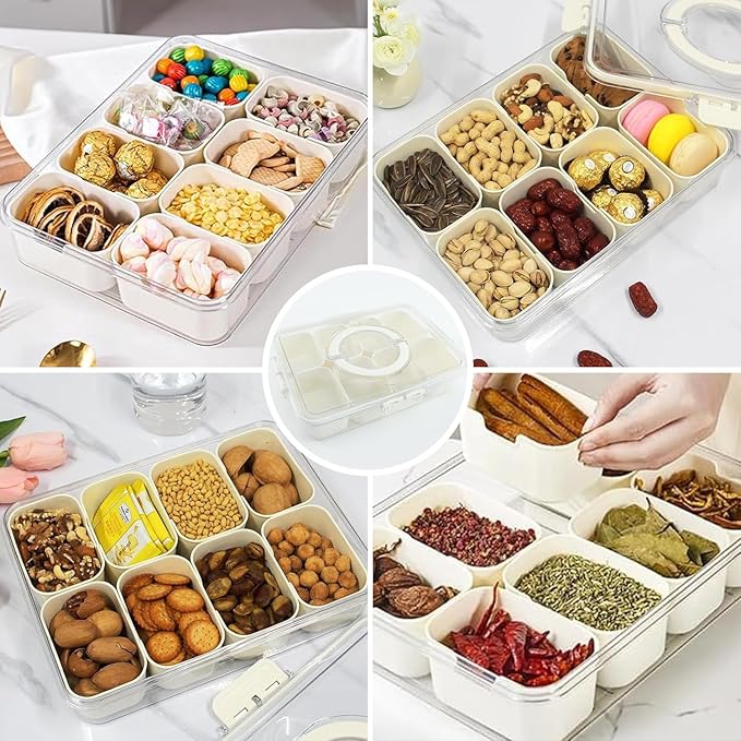 Snackle Box Container, 8 Compartment Divided Serving Tray with Lid and Handle, Snack Box Container for Candy, Fruit and Snacks, Great for Gatherings, Outings, Parties and Entertaining