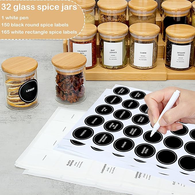 4OZ Glass Spice Jars with Bamboo Lids and 315 Labels, 24 Pcs Clear Food Storage Containers for Kitchen Sugar Salt Coffee Tea Beans