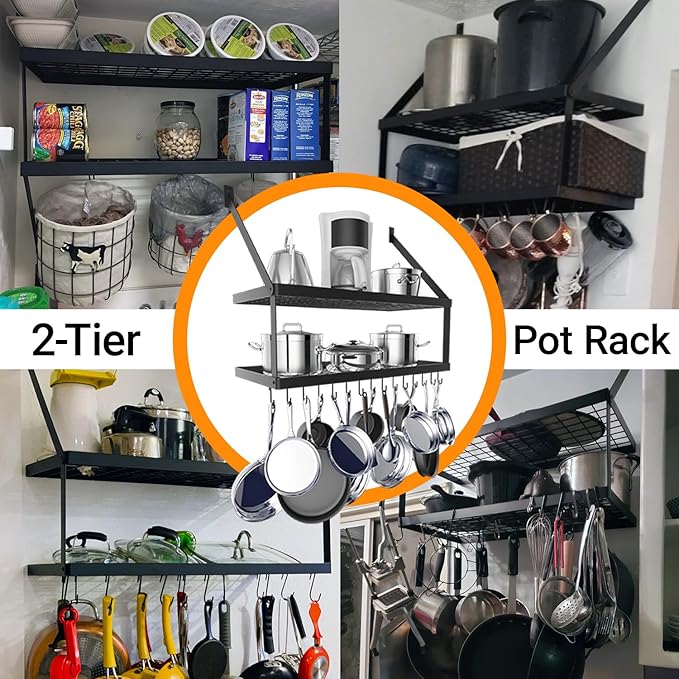 Square Grid Wall Mount Pot Rack with 2-Tier 15 Hooks, Kitchen Cookware Hanging Organizer Storage Shelf, 29.5 by 13.7-inch Black, KPR300B-BK