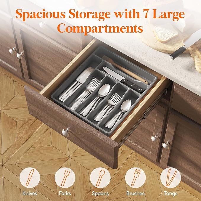 Lifewit Silverware Drawer Organizer Tray, Plastic Cutlery Storage for Kitchen Drawer, Flatware and Utensil Holder Divider for Spoons Forks Knives Tableware, 7 Compartment, Gray