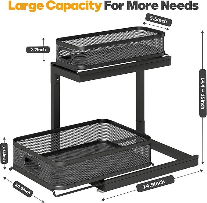 2-Pack Under Sink Storage Organizer With 2-Tier Slide Out Drawer, Sophisticated Mesh Pull Out Shelf For Kitchen & Bathroom, Fits Small Items, Upgraded Arched Track For Smooth Gliding,Height Adjustable