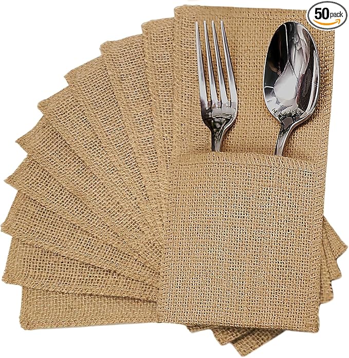 FQTANJU 50 Pcs Burlap Utensils Holders, 4"x8.8" Natural Jute Cutlery Pouch Silverware Holder Knives Forks Spoon Napkin Bag for Rustic Wedding Party Decorations favors