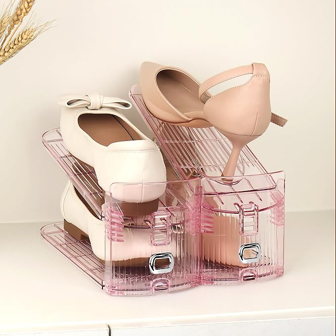 Yes!Fresh Shoe Slot Organizer, Boutique Display Style Shoe Stacker for A Pair of Shoes, Separable Shoe Rack for Closet Organization, 3 Adjustable Narrow Shoe Rack (Pink, 4 Pack)