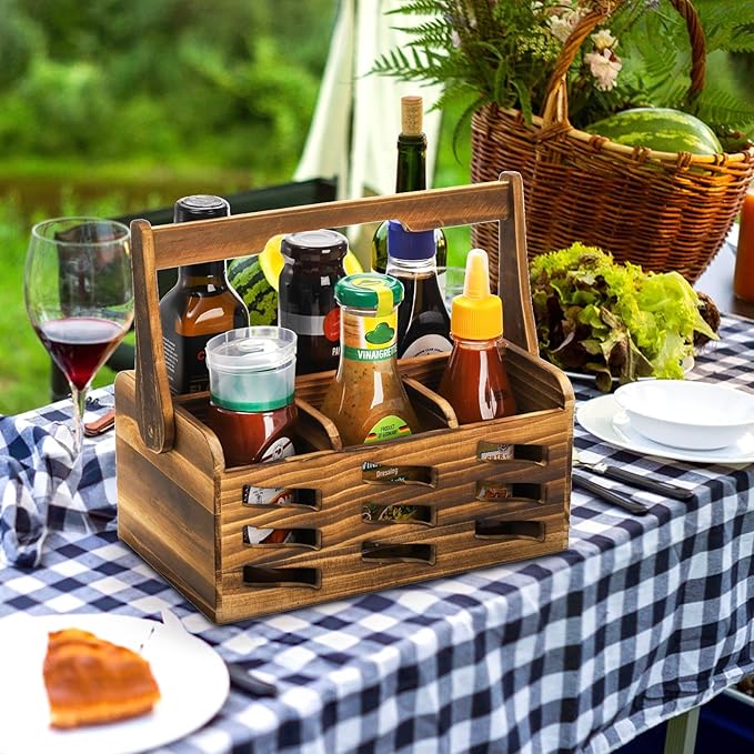 Silverware Caddy with Handle, Wooden Flatware Utensil Holder for Party, 4 Compartment Cutlery Organizer Napkin Storage for Countertop, Kitchen Bathroom Bedroom Decor, Camping Picnic