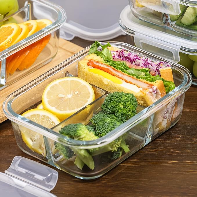 5 Pack 35 Oz Glass Storage Containers with Lids,Meal Prep Containers Reusable,3 Compartment Glass Meal Prep Containers, Food Storage and Portion Control - White