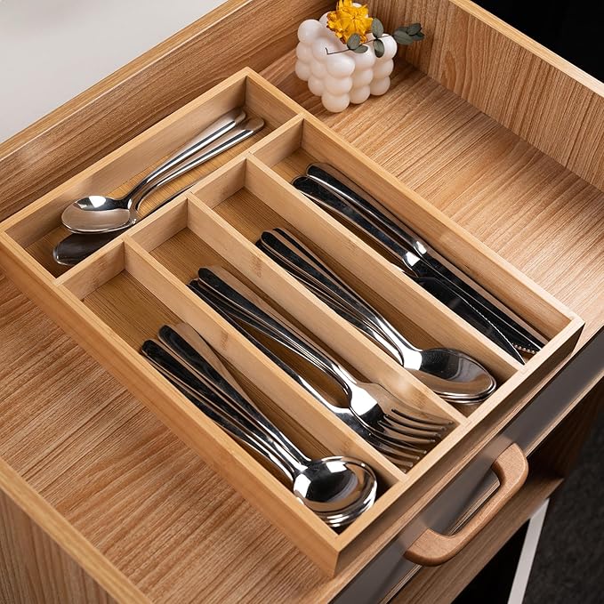 Silverware Organizer Bamboo Kitchen Drawer Organizer Kitchen Utensil Organizer with 5 Slots Flatware Organizer Tray for Kitchen, Flatware, Utensils(Natural)