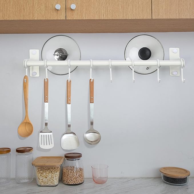 Dseap Pot Rack - Pots and Pans Hanging Rack Rail with 8 Hooks, Double Bars, Pot Hangers for Kitchen, Wall Mounted, White