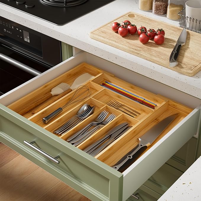 Silverware Organizer Utensil Drawer Organizer - Bamboo Silverware Tray Expandable 8 Slots Flatware Organizer For Kitchen Office Makeup Desk Drawers W12.7-19" x L17.2 (Yellow)