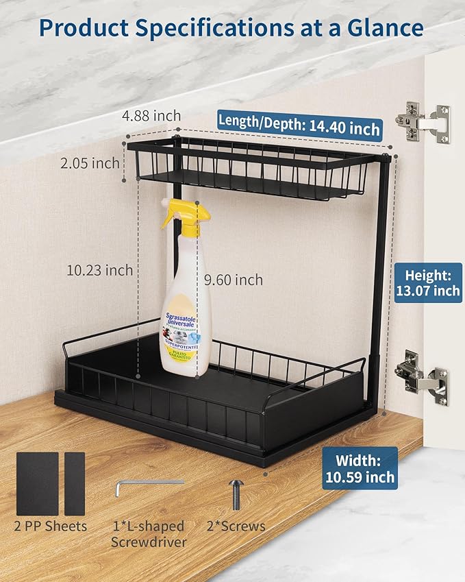 Under Sink Organizer,Metal Pull Out Kitchen Cabinet Organizer with Sliding Drawer,Sturdy Multi-Functional for Bathroom Organization,Black