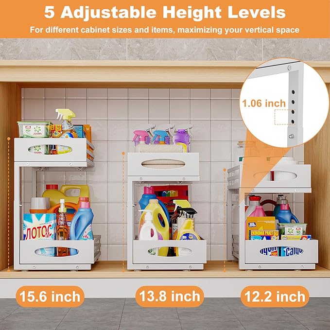 Under Sink Organizer, Pull Out Cabinet Organizers, Slide Sink Steel Shelf Cabinet Storage Shelves, Under Sink Storage for Kitchen Bathroom Cabinet (White, 1 Pack)