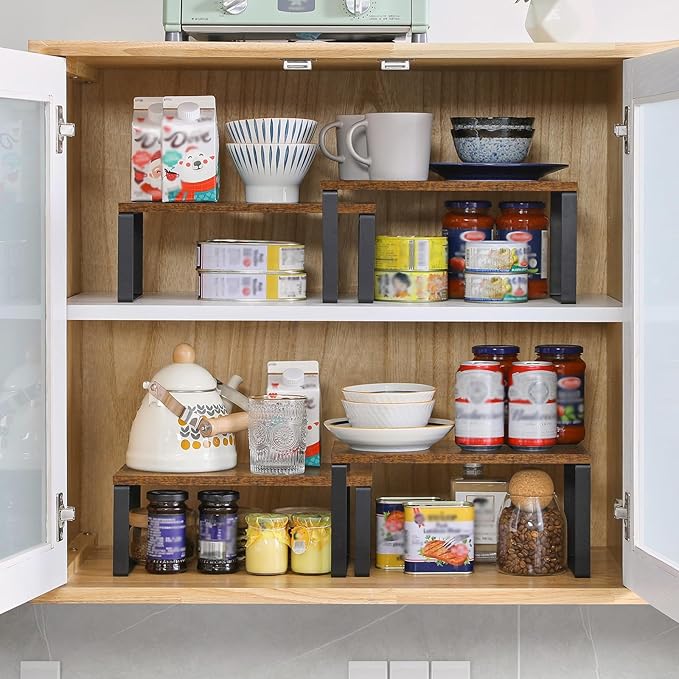 YMYNY Cabinet Shelf Organizer, Countertop Shelves Set of 2, Kitchen Spice Racks, Stackable, Storage Racks for Cupboard, Sink, Pantry, Bathroom, Rustic Brown, Metal, UHSR002H