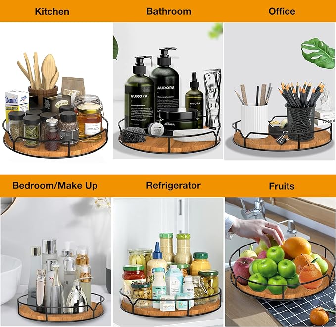 Lazy Susan Turntable Organizer with Anti-Slip Mat for Cabinet Pantry Kitchen Countertop Refrigerator Office, Pine Wood, 10", Carbonized Black