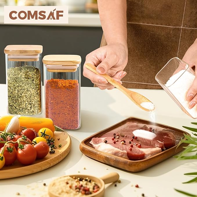 ComSaf 6Pcs 8oz Spice Jars with Label Trial Set, Glass Spice Jars with Bamboo Lids Supplementary, Spice Container Trial Set, Perfect for Ktichen Starter