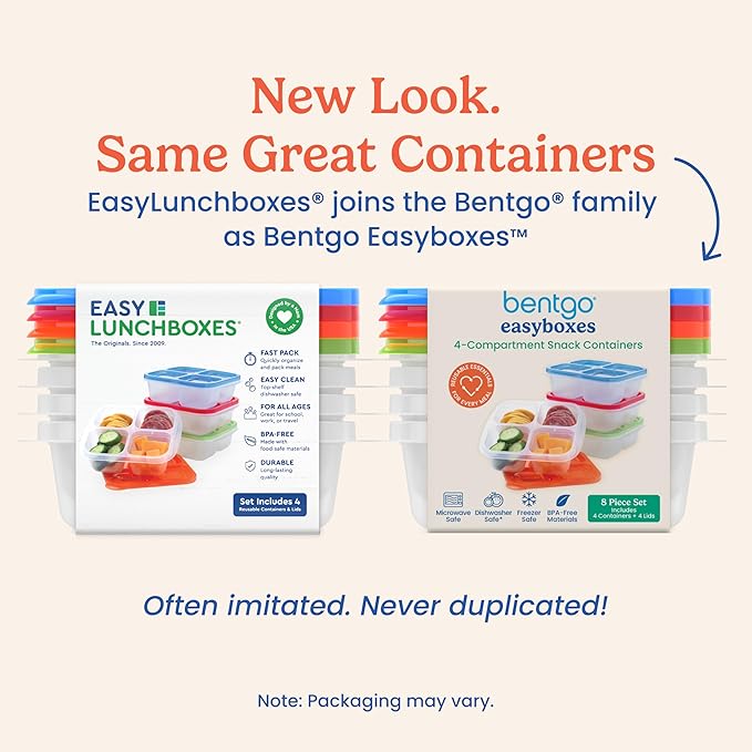 Bentgo Easyboxes 4-Compartment Snack Containers - 8-Piece Set with 4 Trays & 4 Custom-Fit Lids to Seal in Freshness - Reusable Food Storage & Meal Prep Bento BPA-Free Containers (Classic)
