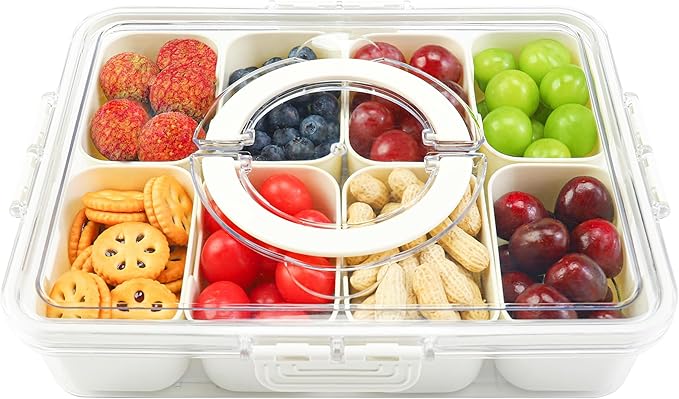 Snackle Box Container, 8 Compartment Divided Serving Tray with Lid and Handle, Snack Box Container for Candy, Fruit and Snacks, Great for Gatherings, Outings, Parties and Entertaining