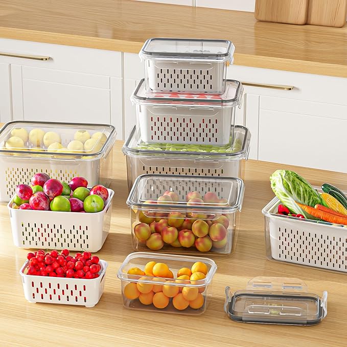 6 Pcs Large Fruit Containers For Fridge, Airtight Food Storage Containers with Removable Colander, Dishwasher & Microwave Safe, Berry Produce Container Keep Vegetable, Fruit, Meat Fresh Longer