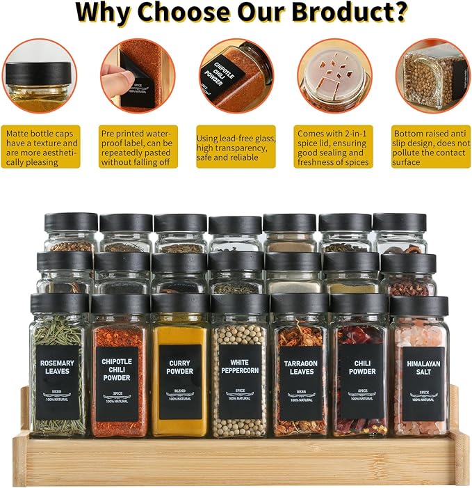 24Pcs Spice Jars Containers with Labels,4oz Black Seasoning Bottles with Shaker Lids for Rack, Cabinet, Drawer,Empty Square Condiment Pots (24, Black)