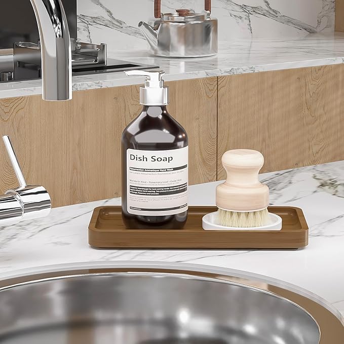 Weenson Small Bathroom Vanity Tray for Countertop Makeup Perfume Jewelry Decor Candle Keys, Bamboo Kitchen Tray for Soap Dispenser Spice, Small Toilet Tray for Sink 7.9" L x 4" W x 0.79" H Brown