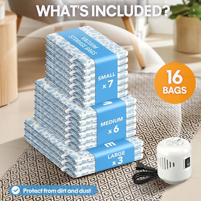 16 Pack Travel Vacuum Storage Bags with Electric Pump, 3 Large + 6 Medium + 7 Small Vacuum Sealer Bags, 80% Space Saver Bags for Luggage, Comforters and Blankets, Travel Essentials(Blue Flowers)
