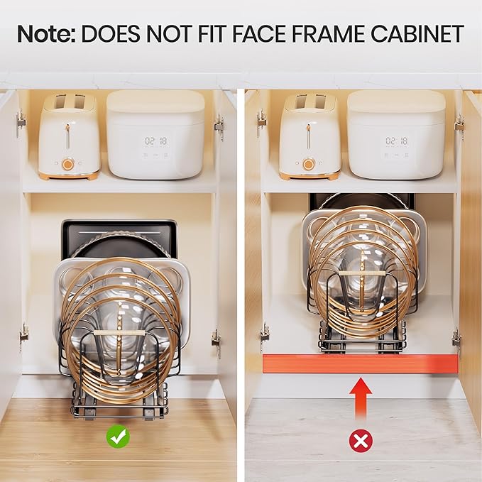 Pots and Pans Organizer under Cabinet, 2 Pack Pull out Pan Organizers inside Cabinet for Kitchen Cabinet Organizers and Storage with Adjustable Dividers and Handled Divider
