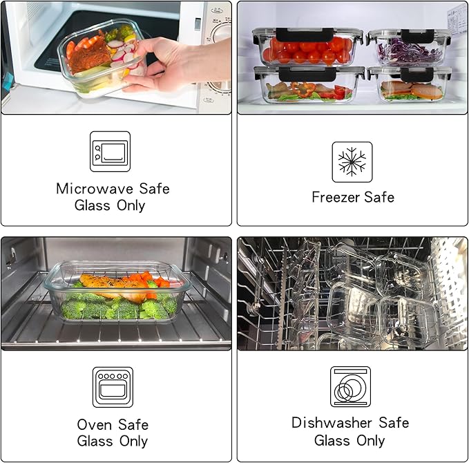 UMEIED 12 PACK Glass Food Storage Containers with Leak Proof Lids, Glass Airtight Meal Prep Containers Set for Lunch, On the Go, Leftover, Kitchen Pantry Organizers and Storage (Black)